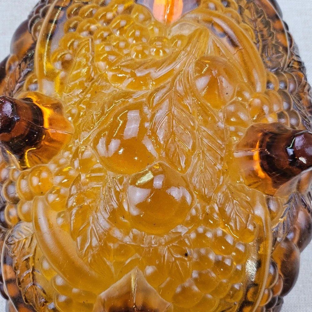 Vintage Amber Indian Glass Fruit Bowl Footed Oval Scalloped Rim Embossed Fruit